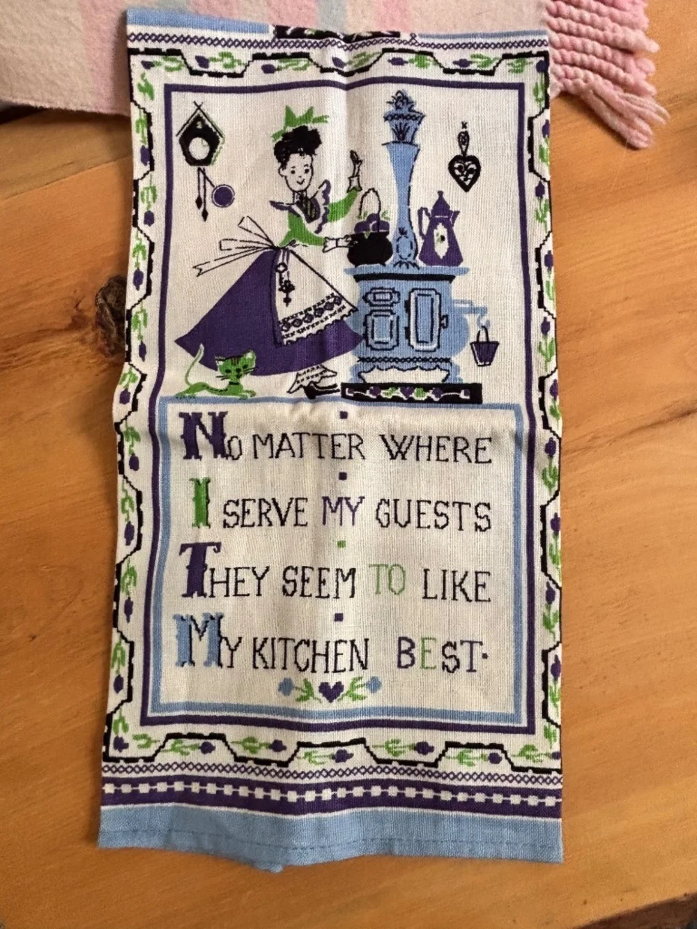 Vintage kitchen tea towel Teapot Woman Cat Stove Printed Cross Stitch